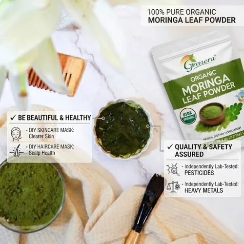 Vista 6 de Grenera Moringa en polvo orgánico Hoja de Moringa Oleifera Ingrediente a base de plantas Probado en laboratorio para calidad Mezcla fácil