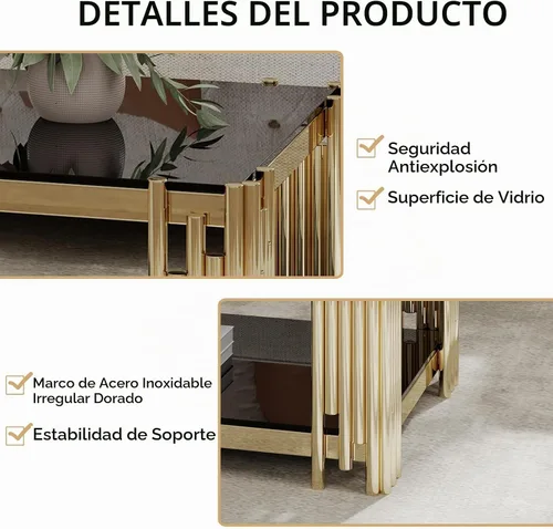 Vista 7 de Mesa auxiliar rectangular de vidrio de 48 pulgadas, mesa de centro de 2 niveles con parte superior de vidrio templado negro, patas de acero