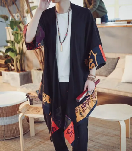 Vista 3 de HZCX FASHION Chaqueta tipo kimono larga de lino y algodón para hombre