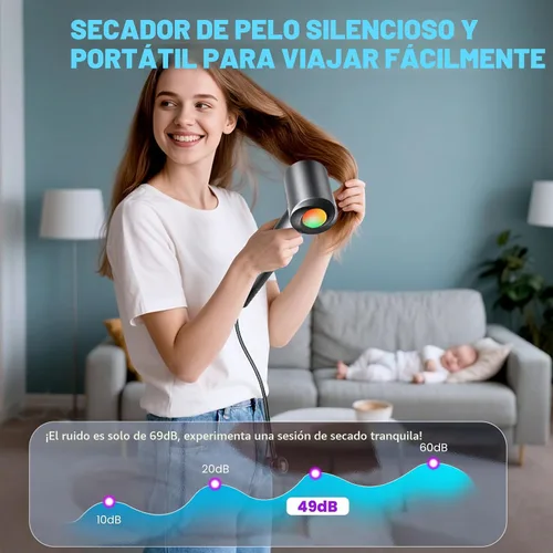Vista 7 de Secador de pelo, 160000 RPM, secador de pelo iónico portátil y ligero con 500 millones de iones negativos, secado rápido, ligero y silencioso