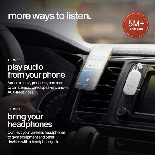 Vista 5 de AirFly Pro 2 Deluxe - Adaptador Bluetooth para avión, conecta 2 AirPods o auriculares inalámbricos - Transmisor/receptor Bluetooth AUX de 3.5mm