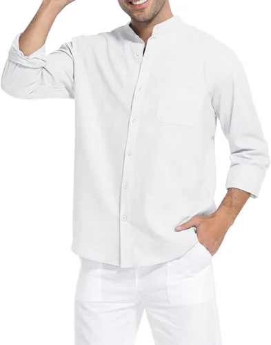 Vista 3 de Camisas de algodón y lino de manga larga para hombre, con botones, para playa, yoga, informal, para verano