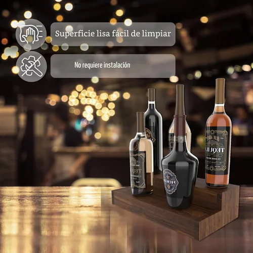 Vista 4 de TONGMO Soporte para botellas de licor, estante de exhibición de botellas de licor de 2 niveles, capacidad para 8 botellas, madera maciza, fácil