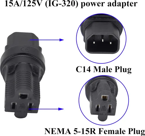 Vista 3 de Adaptador de corriente de enchufe de 3 clavijas USA C14 a NEMA 5-15R para adaptador de corriente de computadora estándar 15A/125V (IG-320)