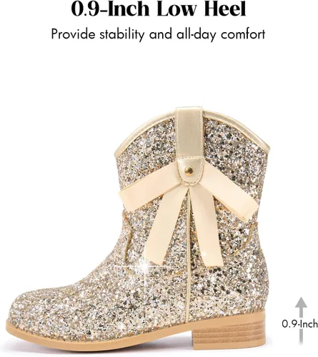 Vista 6 de Coutgo Botas vaqueras para niñas, botas de tacón bajo con purpurina, botas Dorado