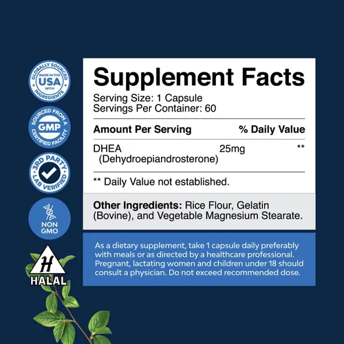 Vista 3 de Suplemento DHEA para mujeres y hombres – DHEA 25 mg por porción cápsulas para el equilibrio hormonal – Promueve la estabilidad del estado de ánimo