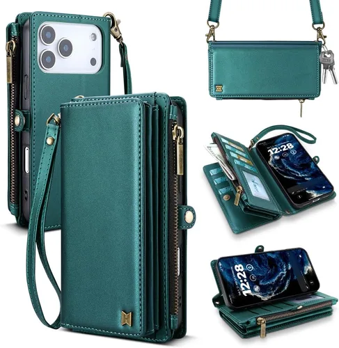 Vista 60 de Funda tipo cartera para iPhone 16 Pro Max con 8 tarjeteros, bloqueo RFID, piel sintética, función atril, abatible, correa de muñeca y correa