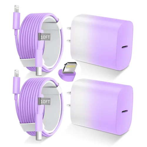 Vista 25 de DiHines Cargador rápido para iPhone 14, 13, 12, 11, cable Lightning de carga rápida de 10 pies de largo con bloque de cargador USB C de 20 W