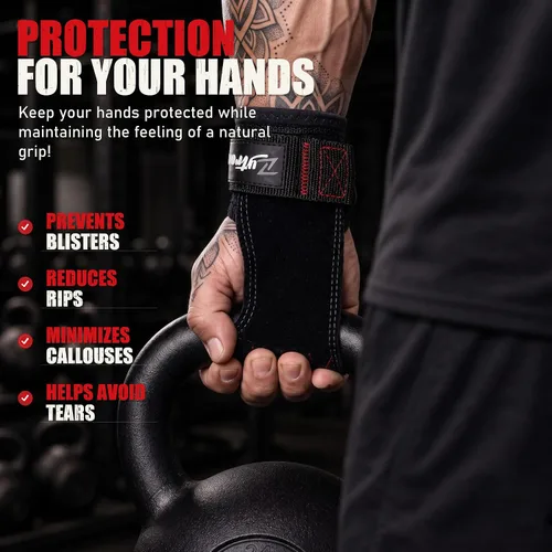 Vista 6 de Weight Lifting Grips with D-Ring, Leather Palm and Wrist Support