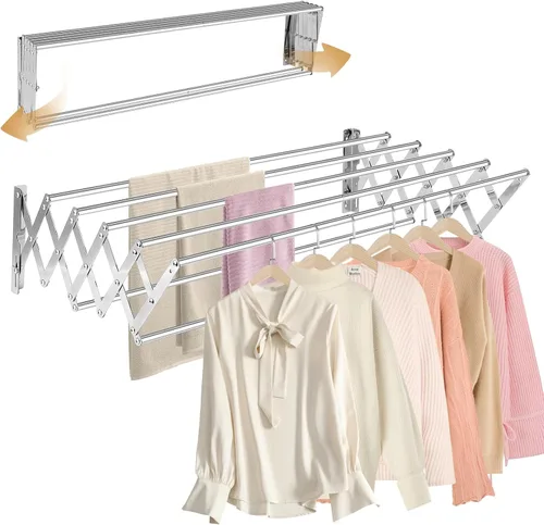 Vista 8 de XL-31.5'' Tendedero de Ropa Montado en la Pared, 130 lbs Gran Capacidad Antioxidante Retráctil Plegable Tendedero Fácil Instalación con 7 Varillas