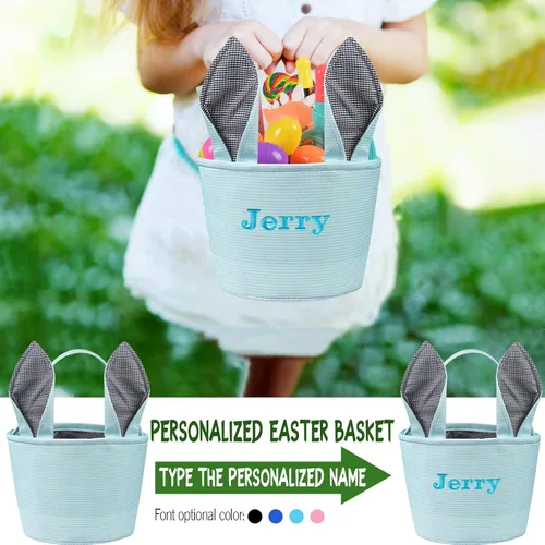 Vista 3 de Jocidea - Cesta de Pascua personalizada, cestas de conejo de Pascua para niños, color azul