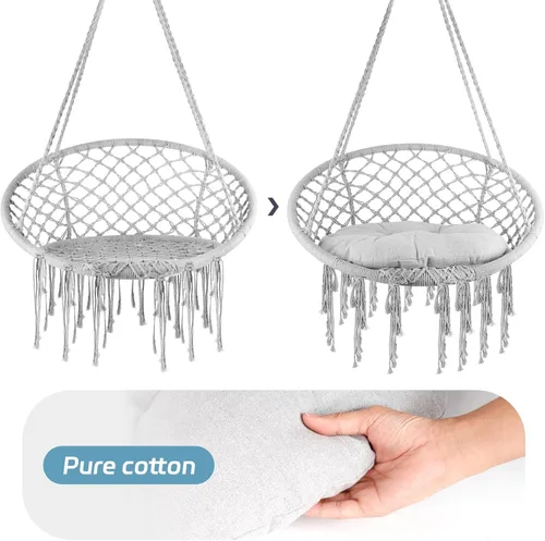 Vista 6 de Macrame Swing Chair with Removable Cushion & Hardware, Heavy-Duty Hammock Chair Handwoven from Cotton Rope, Supports 330LBS for Boho Patio, Bedroom