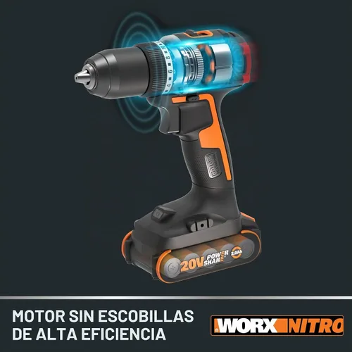 Vista 4 de Worx Nitro - Taladro percutor inalámbrico de 20V de 1/2" con motor sin escobillas, compacto y ligero de solo 6" y 3 libras, compatible con Power