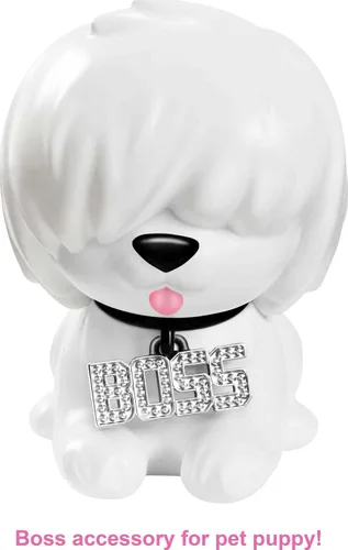 Vista 4 de Muñeca Barbie Extra y accesorios con aspecto brillante, cabello de fantasía rosa y morado y gorro de neón con cachorro mascota Blanco