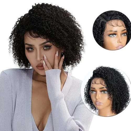 Vista 2 de QUEEN VIRGIN REMY QVR - Pelucas de cabello humano corto y rizado con corte Pixie de 13 x 5 x 1 pulgadas, pelucas de encaje frontal con cabello