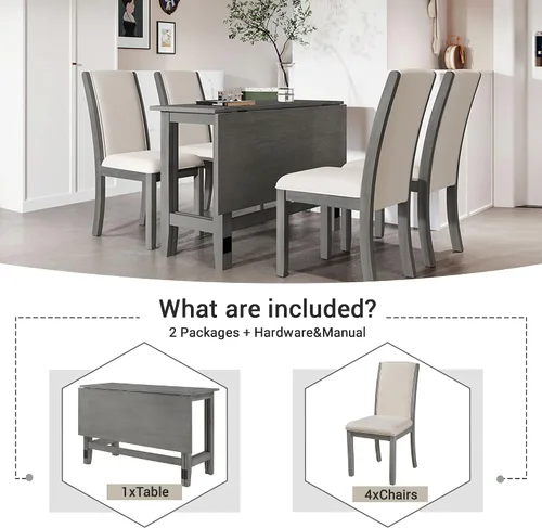 Vista 2 de Juego de mesa de comedor extensible rústica de 5 piezas con hojas caídas y 4 sillas de comedor tapizadas, mesa de madera maciza para comedor