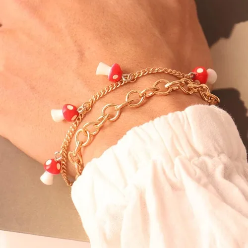 Vista 3 de Rrdaily Tobillera de doble capa con forma de hongo, bonita pulsera de hongo rojo, pulsera combinada para mujeres y niñas, Sin gemas.