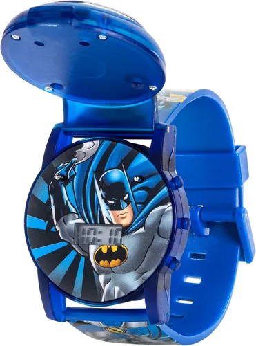 Vista 5 de Accutime Batman DC Comics - Reloj digital para niños, luces LCD intermitentes, apertura abatible, reloj musical, banda de plástico azul, Logo Cara