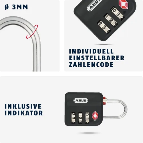 Vista 3 de ABUS TSA Lock - Cerradura de equipaje en piel con código numérico de 3 dígitos - para maletas, bolsos, mochilas, Negro -, Compacto