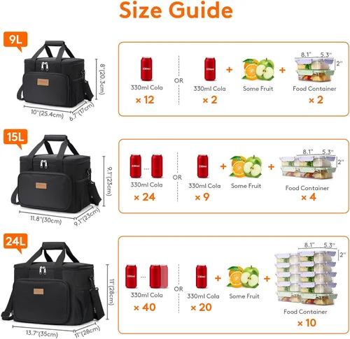 Vista 5 de Lifewit Lonchera mediana aislada, suave y refrigerante, para adultos, hombres y mujeres, color negro, 12 latas (9L)