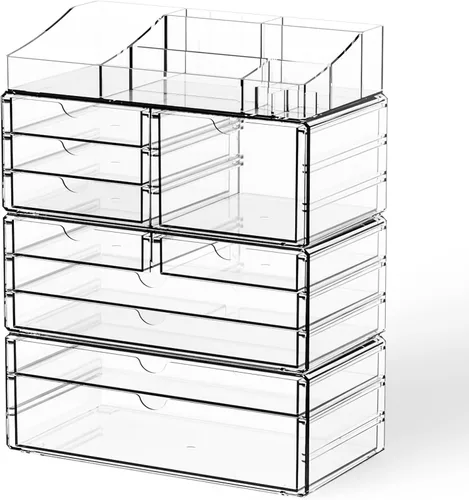 Vista 10 de Yieach Organizadores de maquillaje acrílico para mostrador, escritorio y tocador, paquete de 2 organizadores apilables para encimera de baño
