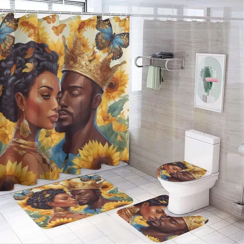 Vista 2 de Bathroom Rugs and Mats Set 3 Piece, Bathroom Rugs Non Slip, Afro Black King Queen Romantic Love Bath Mat Machine Washable Bathroom Floor Mats