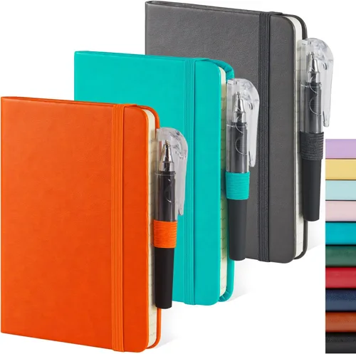 Vista 16 de Paquete de 3 cuadernos rayados con bolígrafo, cuadernos A5 (5.7 x 8.4 pulgadas) de tapa dura de cuero para mujeres y hombres, trabajo, 160 páginas
