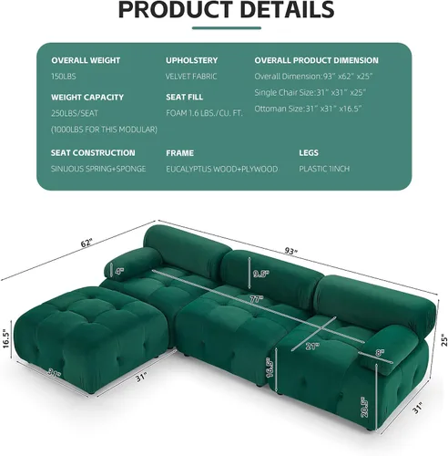 Vista 2 de DEINPPA Sofá modular modular de 93 pulgadas, sofá de terciopelo minimalista en forma de L, sofá convertible, muebles de sala de estar para sala
