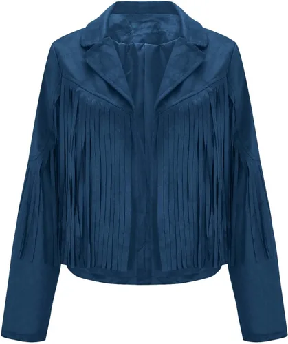 Vista 4 de DESKABLY Women Fashion Cropped Tassel Fringe Faux Suede Leather Jacket Fall Winter Long Sleeve Lapel Neck Moto Coat Outwear