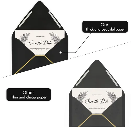 Vista 4 de Paquete de 50 sobres de invitación A6 negros de 4 x 6 pulgadas, autosellados, solapa en V, perfectos para baby shower, tarjetas de 4 x 6, bodas