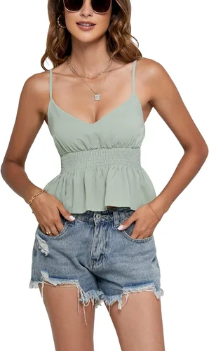 Vista 5 de LYANER Camiseta corta con cuello en V y cintura elástica plisada con volantes y dobladillo sin mangas