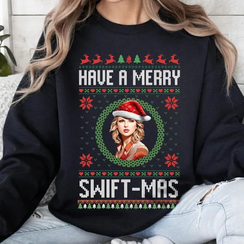 Vista 4 de UNIQUE CUSTOM GIFTS Sudadera de cuello redondo con texto en inglés "Merry Ugly Christmas", divertida sudadera de Navidad de Taylor para fiesta