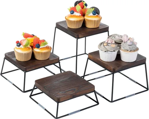 Vista 8 de MyGift Juego de exhibición de mesa de postre, 4 elevadores de alimentos, elevadores de bufé de madera marrón, soporte para pizza con base de alambre