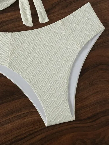 Vista 3 de WDIRARA Traje de baño de 2 piezas para mujer, conjunto de bikini con textura frontal y brasier sin tirantes