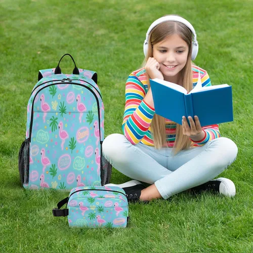 Vista 7 de Verano Flamingo Rosa Azul Mochila Para La Escuela Con Bolsa De Almuerzo Bolsa Con Lonchera Para Niñas 9-10 años Mochilas Y Loncheras Escuelas Para