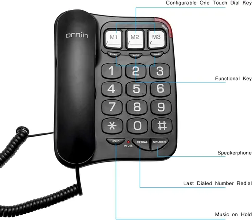 Vista 2 de Ornin S016+teléfono con cable de botón grande con altavoz, teléfono de escritorio (negro)