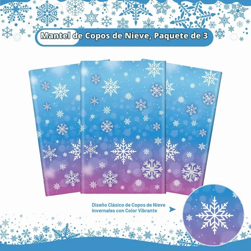 Vista 4 de 3 manteles de invierno con copos de nieve – Mantel de plástico de Frozen Wonderland desechable, rectangular, copos de nieve para suministros
