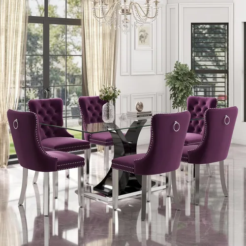 Vista 26 de Juego de comedor de cristal moderno de lujo de 7 piezas, juego de cena rectangular minimalista grande para 6, mesa de cocina de cristal transparente