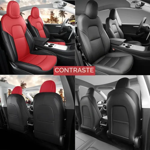 Vista 5 de Funda de asiento para Tesla Modelo Y 2020-2024, impermeable, de piel de napa totalmente envuelta (TY-rojo + negro)