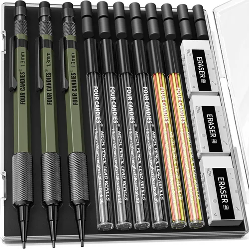 Vista 9 de Four Candies Juego de lápices mecánicos de 1.3mm con 24 repuestos de plomo, lápiz de carpintero de metal resistente a la intemperie para uso pesado