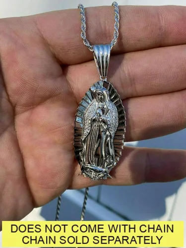 Vista 3 de Harlembling Solid 925 Sterling Silver - Men's Virgin Mary Pendant - Iced Nuestra Señora de Guadalupe