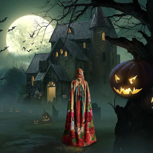 Vista 7 de Capa con capucha de estrellas naranjas de Halloween, capa larga de Halloween, disfraz de capa de bruja, disfraz de fiesta de Navidad, disfraces