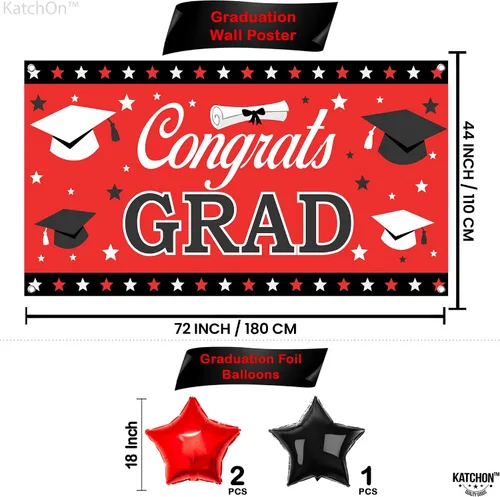 Vista 3 de KatchOn, Juego de 40 decoraciones de graduación rojas y negras 2025, globos rojos 2025, pancarta de felicitaciones para graduación de clase de 2025