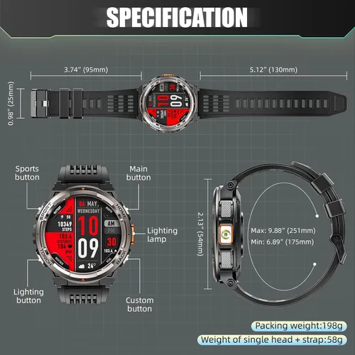 Vista 8 de Reloj inteligente militar para hombre con llamada/linterna LED, 3ATM, resistente al agua, 1.45 pulgadas, HD, resistente, táctico, con brújula