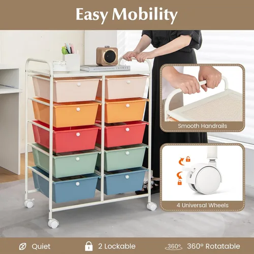 Vista 5 de HOMGX Carrito de almacenamiento con ruedas con 10 cajones, 2 x 5 estantes con ruedas bloqueables, organizador de carrito rodante para oficina
