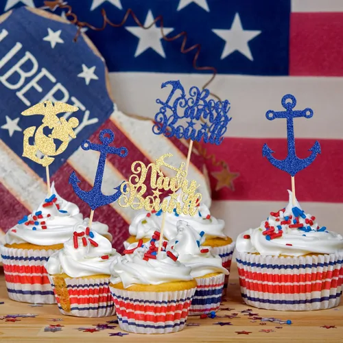 Vista 5 de 24 piezas de decoración para cupcakes con temática militar con purpurina para botas de campamento, decoración de cupcakes con temática azul marino