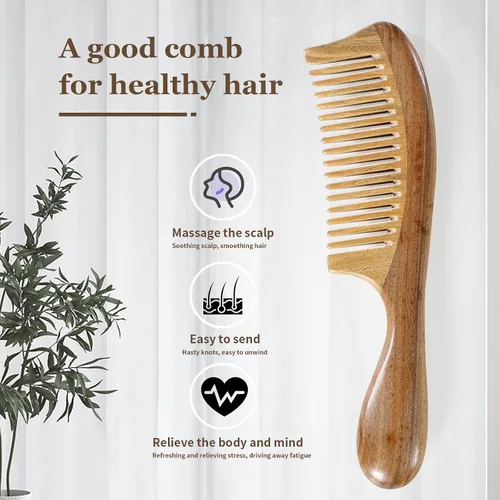 Vista 5 de Peine de pelo de sándalo verde natural, calidad premium, antiestático, desenredante natural, mango redondo grueso, para la salud del cabello