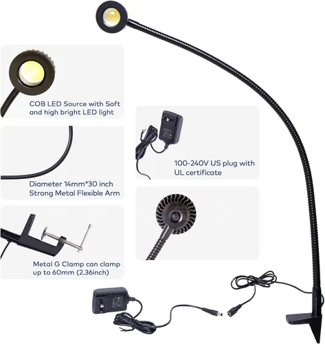 Vista 2 de Hersi Lámpara de escritorio de brazo flexible de 5 W y 35 pulgadas de largo, luz LED de trabajo de arquitecto de metal con abrazadera, lámpara