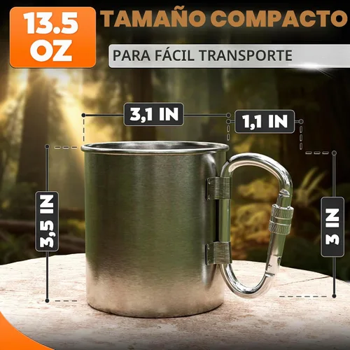 Vista 2 de Taza de camping de acero inoxidable con mosquetón, taza de lata de 13.5