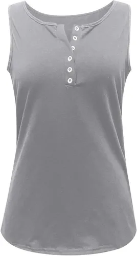 Vista 3 de Camiseta sin mangas para mujer, cuello en V, camiseta de verano, casual, color sólido, camiseta y blusa de uso exterior, holgada, con botones